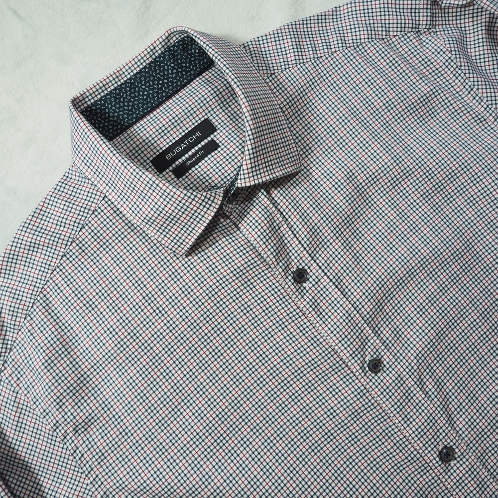 Bugatchi Sz M Red and Blue Micro-Check Button Down Shirt 100% Cotton